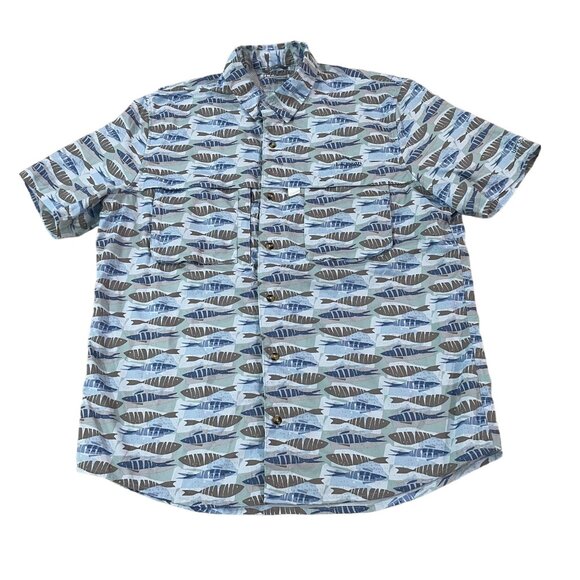 L.L. Bean Men's Large Blue Fish Print Short Sleeve Button-Down Shirt Ventilated - Picture 1 of 5